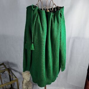 Green Chunky Knit Off or On Shoulder Drawstring Sweater